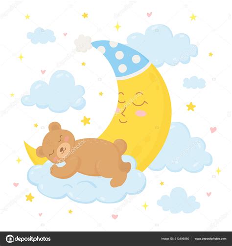 Cute Baby Bear Sleeping On The Cloud Beside With Moon Stock Vector By