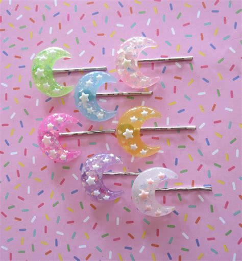 Kawaii Hair Clip Pastel Glitter Moon Barrette Crescent Celestial Accessory Etsy Kawaii Hair