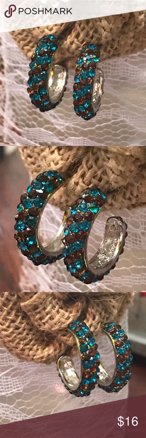 Elegant Turquoise And Brown Rhinestone Earrings