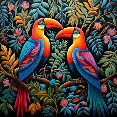 Premium Photo Painting Of Two Colorful Birds Sitting On A Branch In A