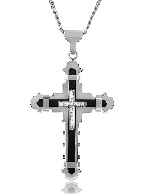 Coastal Jewelry Black Plated Stainless Steel Cubic Zirconia Cross