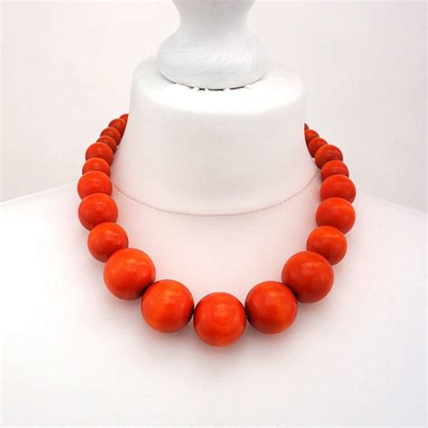 Orange Wooden Bead Necklace Chunky Orange Necklace Orange