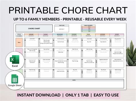 Printable Chore Chart Google Sheet Excel Template Planner - Etsy Canada