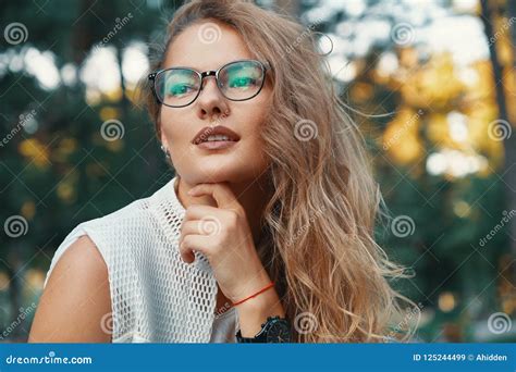 Modern Model Woman Wearing Eyewear Expresive Lips Stock Image Image