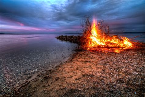 Download Horizon Sea Ocean Beach Bonfire Photography Fire Hd Wallpaper