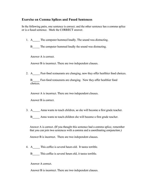 Comma Splice Worksheet With Answers Printable Word Searches