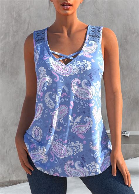 Rotita Paisley Print Light Purple Lace Stitching Tank Top Paisley Color