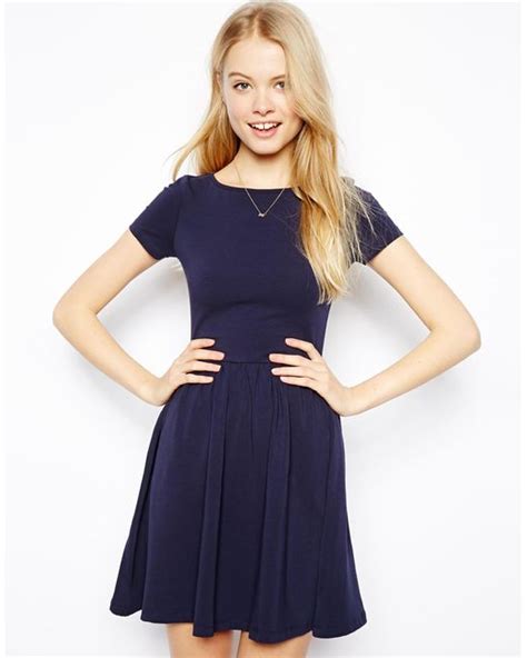 Asos Skater Dress With Slash Neck And Short Sleeves In Blue Lyst