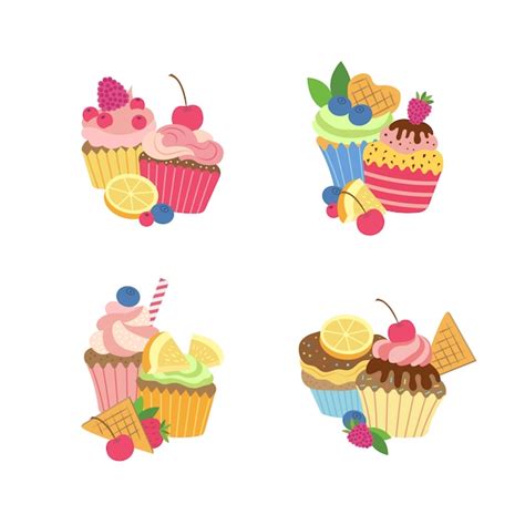 Conjunto De Muffins O Cupcakes De Dibujos Animados Lindo Vector Premium