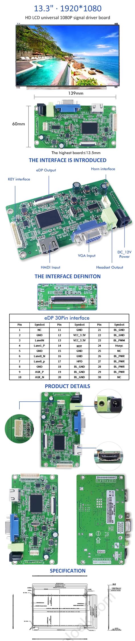 Innolux N133hse Eb3 Edp Interface Ips 13 3 Inch 1920 1080 Display Lcd