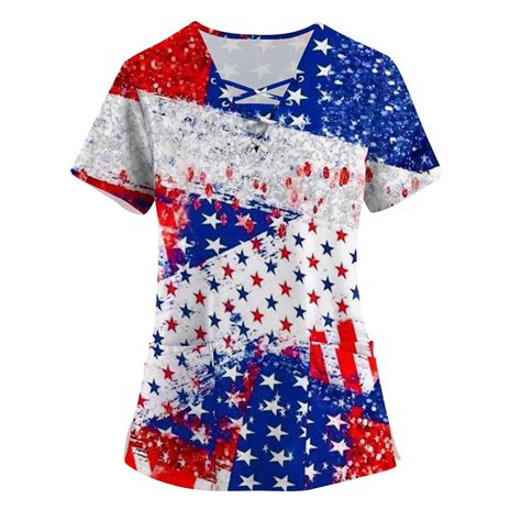 Knosfe 4th Of July Scrub Tops For Women Stars Striped American Flag Scrubs V Neck Independence