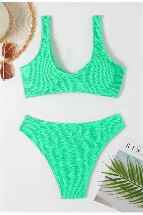 Crinkle Twist Front Cropped High Leg Bikini Set Pinklimelilacwhit