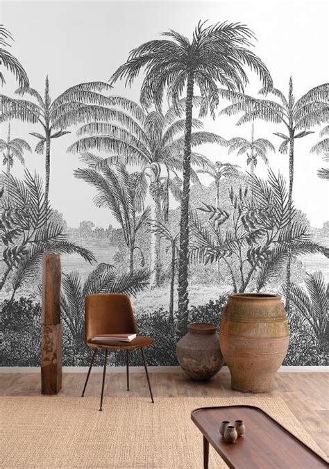 Papier Peint Panoramique Palm Scenery Noir Et Blanc L 159 X H 280 Cm