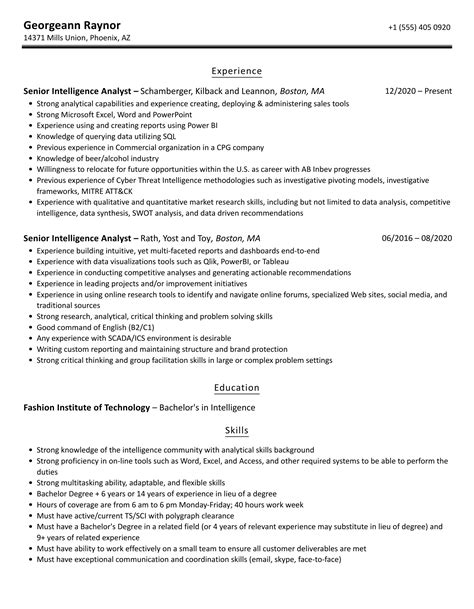 Senior Intelligence Analyst Resume Samples Velvet Jobs