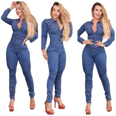 Macaço Feminino Jeans Manga Longa Exclusividade Liso Parcelamento sem