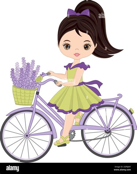 Beautiful Cute Girl Riding Bicycle With Basket Of Lavender Vector