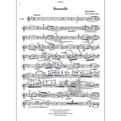 Barcarolle For Violin And Piano Amy Beach Hildegard Publishing