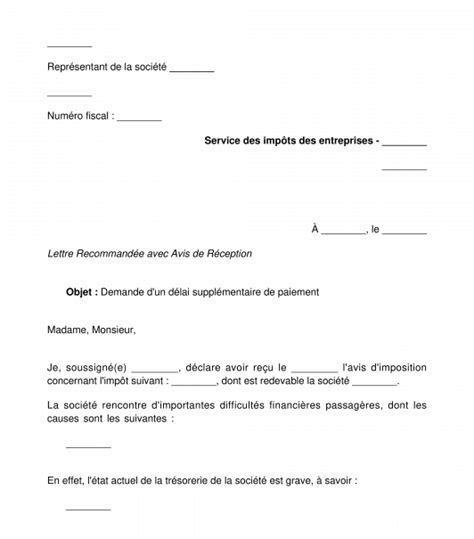 Lettre de Demande d un Délai de Paiement d un Impôt ou d une Taxe