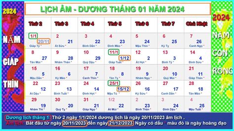 Lịch âm dương tháng 1 năm 2024 Lịch vạn niên tháng 1 2024 Giáp Thìn