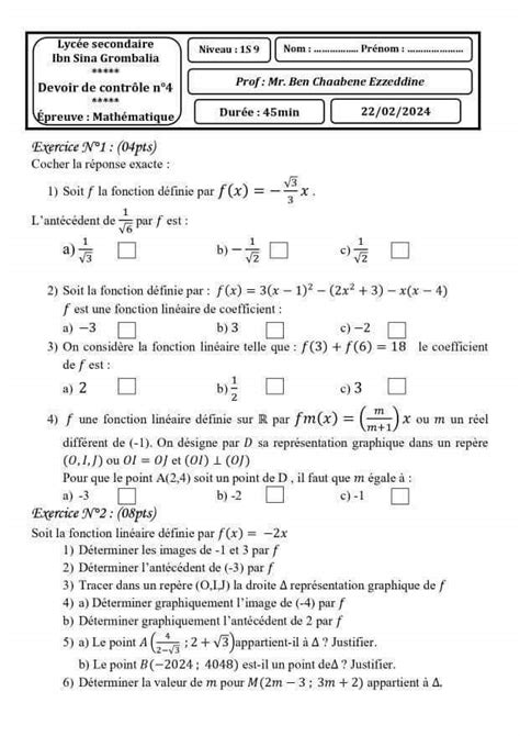 1ère année secondaire Math Devoir de contrôle n4 math correction