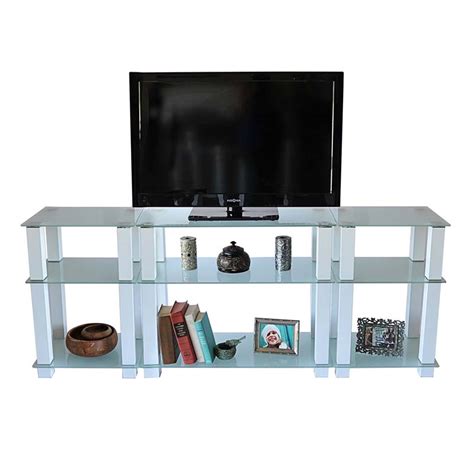 RTA Frosted Glass 75 Inch TV Stand With Side Storage Shelves White TVM