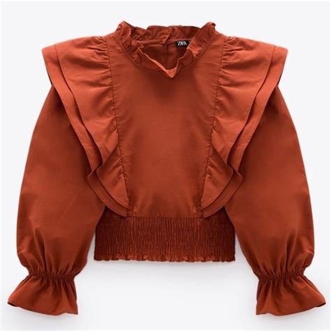 Zara Tops Zara Ruffled Poplin Shirt Burnt Orange Poshmark