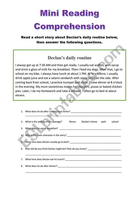 Mini Reading Comprehension Declans Daily Routine Esl Worksheet By