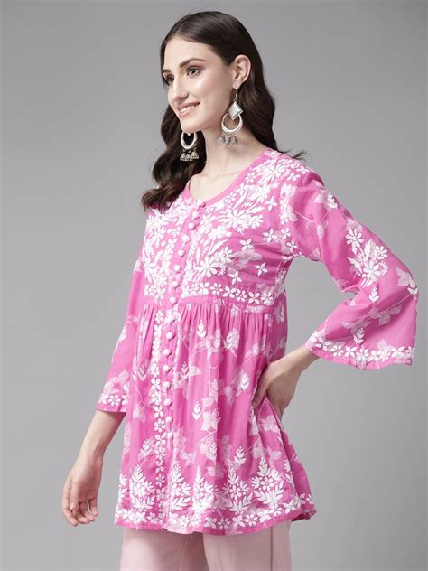 Ada Hand Embroidered Pink Cotton Lucknowi Chikankari Indian Women Short Kurti A911266 Ada