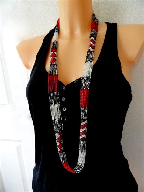 African Style Zulu Beaded Rope Multistrand Necklace Red Black Silver