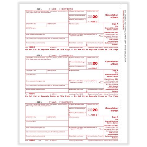 1099 C Cancellation Of Debt Fed Copy A Cut Sheet 500 Forms Pack