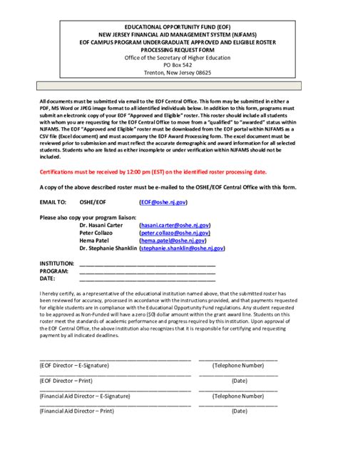 Fillable Online Eof Njfams Undergraduate Roster Certification Form Pdf