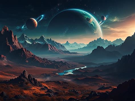 Montanhas Terra De Fantasia Planeta Extraterrestre Scifi Paisagem Mágica Diferentes Efeitos