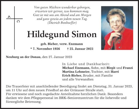 Traueranzeigen Von Hildegund Simon Augsburger Allgemeine Zeitung