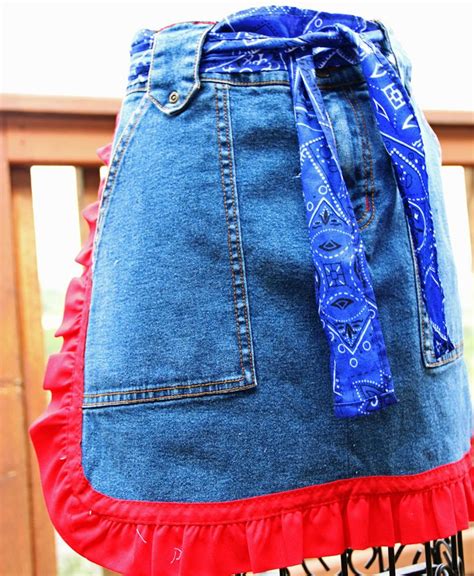 Red And Blue Repurposed Denim Half Apron Recycled Blue Jean Etsy