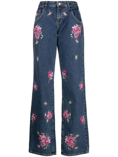 Floral Embroidery Flare Jeans In Blue Denim