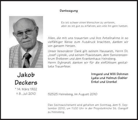 Traueranzeigen Von Jakob Deckers Aachen Gedenkt