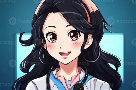 Portrait of a happy smiling cute black haired anime nurse. . 22310282 ...