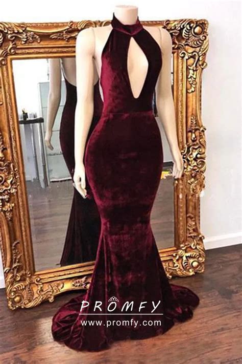 High Neck Keyhole Plum Velvet Mermaid Prom Dress Promfy