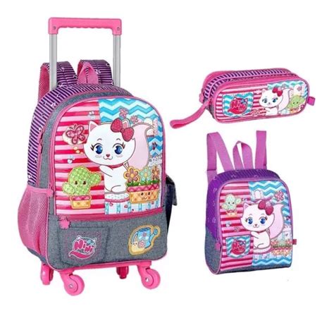 Kit Completo Mochila Gatinha Nini G Rodinhas Rosa Clio Frete Gr Tis