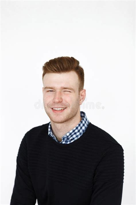 Cheerful Handsome Redhead Young Guy In Black Cardigan Checkered Shirt