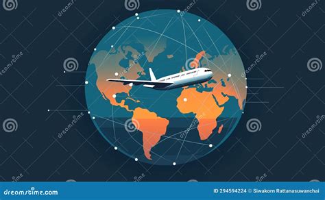 A Globe With Flight Paths And A Plane Flying Around It Stock