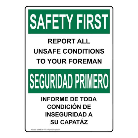 Vertical Report All Unsafe Conditions Foreman Sign OSHA SAFETY FIRST