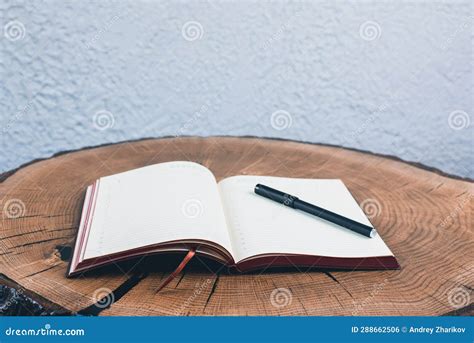 Open Notebook And Pen On Wooden Table Notebook With Blank Sheets Stock