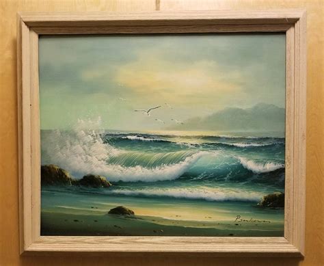 Antique Oil Painting Seagulls Flying Over Ocean Beach Sea Scape By P