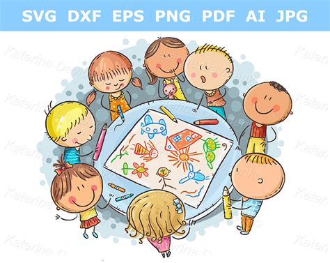 Cartoon Children Drawing Together Crafting Kids Clipart - Etsy