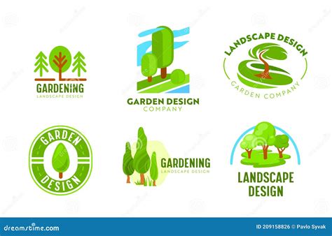 Conjunto De Diseños De Paisajes De Jardín Con Logotipo íconos De La