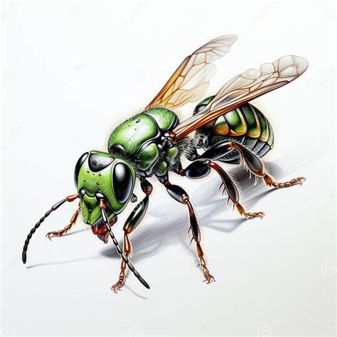 Hyper Realistic Sci Fi Wasp Drawing Green And Black Technological Design Stock Illustration