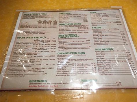 Menu at Ryan's Famous Pizza & Subs pizzeria, Beaufort