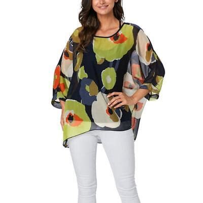 Womens Lagenlook Kimono Top Chiffon Blossom Print Poncho Oversize Tunic