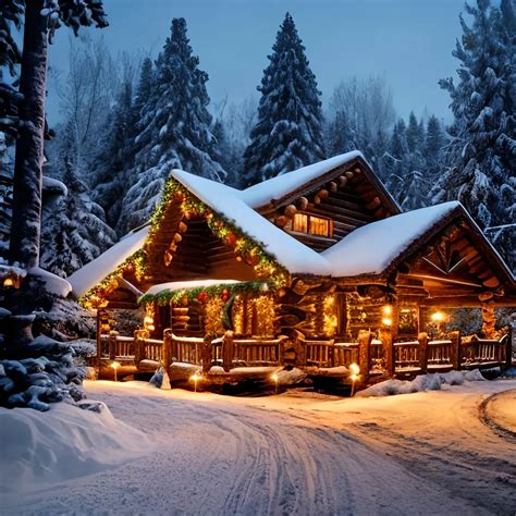 Snow Covered Log Cabin Nestled In Serene Forest Ado